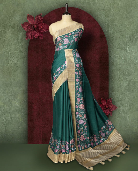 Green colour Semi Tussar Silk saree with vibrant digital floral printed body and elegant Kandha work border & Paired with a matching blouse.