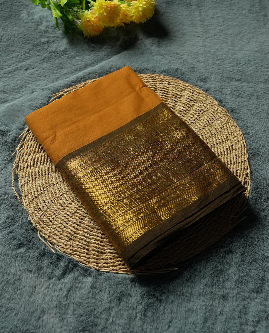 Orange Silk Cotton Saree with Plain Body, Accented by Gold Zari Geometric Border on Orange and Gold Striped Pallu, Paired with Matching Blouse Piece