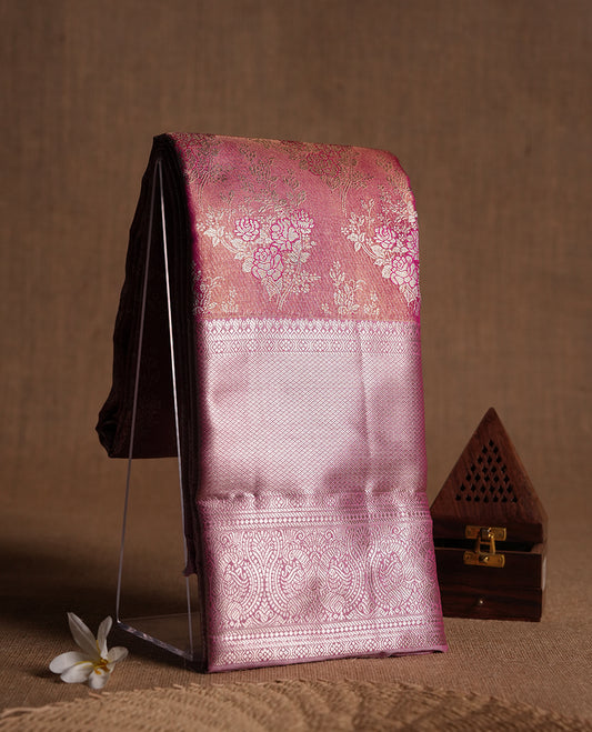 Bright pink colour and gold Zari Tissue Brocade Saree features intricat flower Motifs on body and light pink contrast border with rose gold tradtional border & pallu, paired with matching blouse