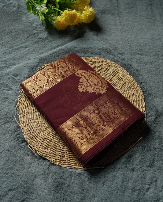 Beige Colour Silk Cotton Saree with Striped Body, Accented by Maroon and Gold Zari Border with Elephant and Paisley Motifs on Pallu, Paired with Matching Blouse Piece