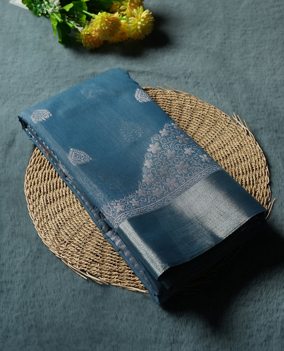 Sky Blue Silk Cotton Saree with Silver Butta Body, Accented by Silver Zari Ornamental Border on Grand Pallu, Paired with Matching Blouse Piece