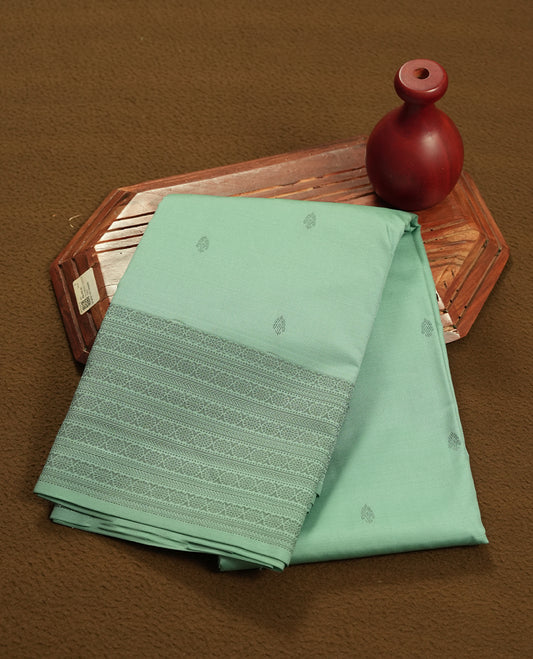 Light aqua colour semi soft silk saree featuring a Gray patterned body, complemented by Gray colour traditional pallu and a matching blouse piece.