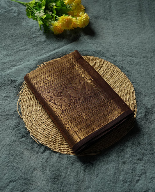 Beige Silk Cotton Saree with Red and Brown Dotted Body, Accented by Gold Zari Ornamental Border on Gold Pallu, Paired with Matching Blouse Piece
