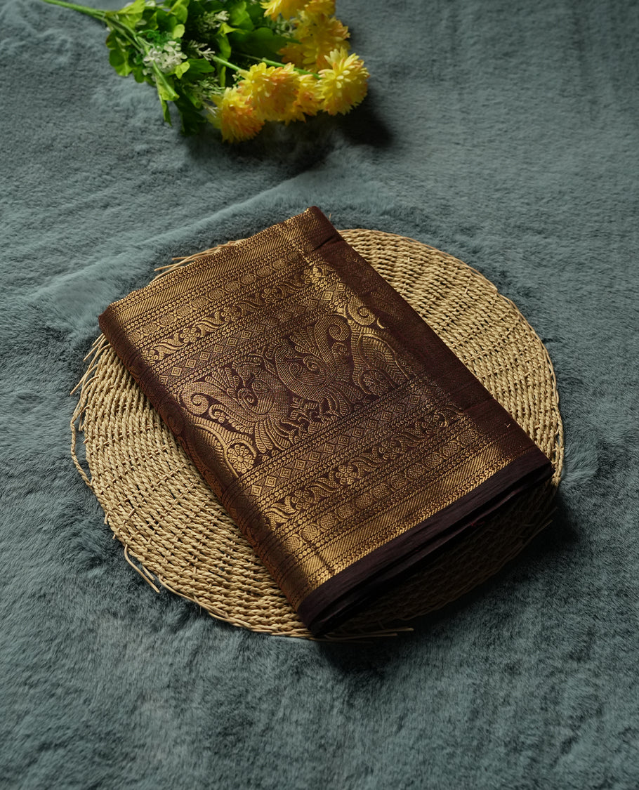 Beige Silk Cotton Saree with Red and Brown Dotted Body, Accented by Gold Zari Ornamental Border on Gold Pallu, Paired with Matching Blouse Piece