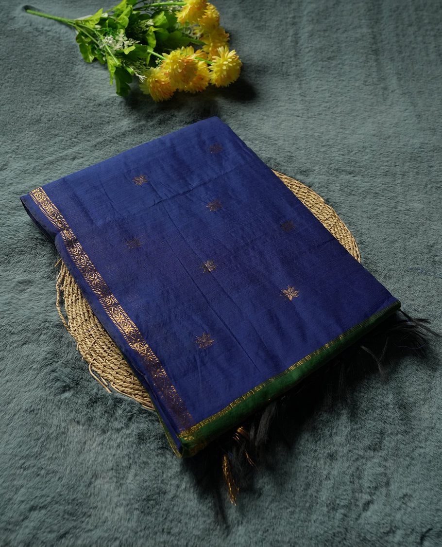 Blue Silk Cotton Saree with Gold Floral Buttas Body, Accented by Gold Zari Border and Green Stripes on Blue and Green Striped Pallu, Paired with Matching Blouse Piece