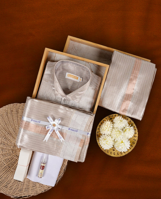 Elegant Silver Copper shirt & dhoti set by PASUTHI with subtle zari accents, Perfect for festive occasions, weddings & gifting. Includes towel, attar & vibhuti in a luxurious box.