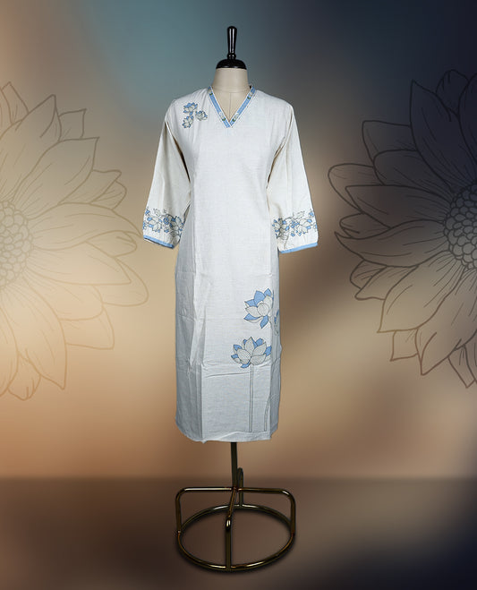 Off white colour kurthi with soft blue and pastel green floral embroidery on the neckline, sleeves, and hem & Featuring a classy V neck and three quarter sleeves, perfect for a refined and comfortable everyday look.