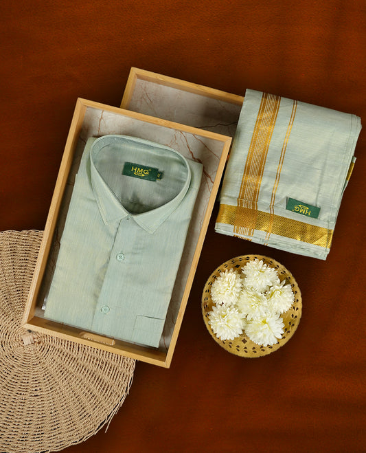 Pastel green colour shirt & matching dhoti set by HMG, featuring elegant gold zari borders, Perfect for traditional events, gifting & poojas.