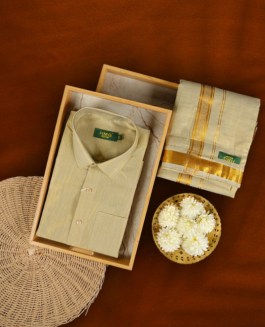 Dark gold colour shirt & dhoti set by HMG, crafted with elegant gold zari borders & Ideal for weddings, festive wear & gifting.