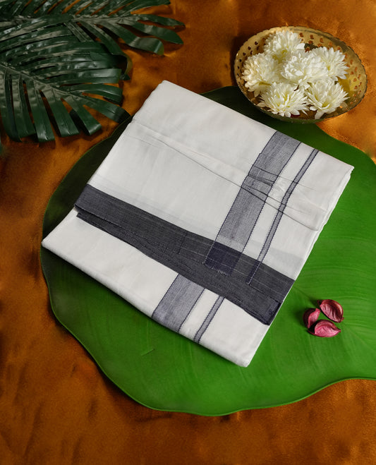 White colour cotton dhoti featuring a sleek dark navy blue border, designed with a classic weave for a refined traditional look  & Perfect for festive occasions, cultural ceremonies, and temple wear.