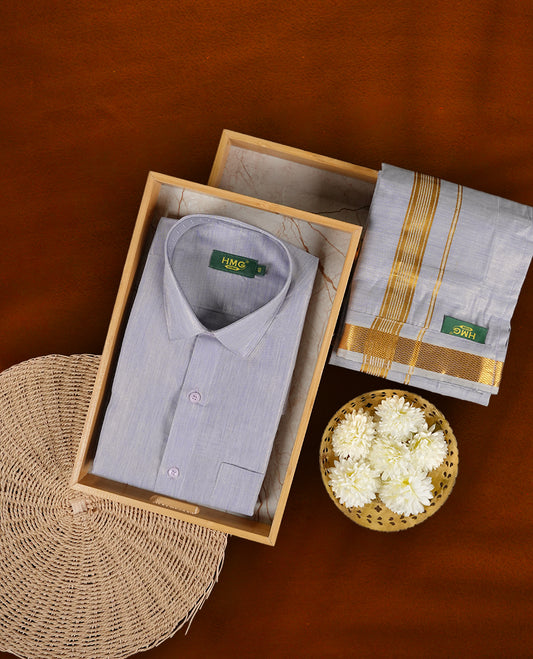 Lilac colour shirt & dhoti set by HMG, paired with rich gold zari border for a refined traditional look, Perfect for weddings, poojas & gifting.