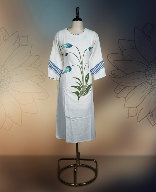 Off white colour kurthi with elegant pastel blue floral prints and leafy patterns on the front, accented by striped detailing on the sleeves, Perfect for a stylish yet comfortable casual or semi-formal look.