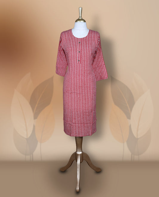 Maroon colour kurti featuring a round neckline with button detailing, 3/4th sleeves, and an all over geometric print in red and beige, designed in a straight cut silhouette for a simple and elegant everyday look.