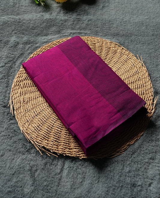 Magenta Pink Colour Silk Cotton Saree with Self Textured Striped Body, Contrasting Purple Striped Pallu & Border, Multi-Line Patterns, and Matching Purple Woven Blouse Piece
