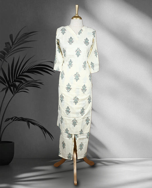 Off white colour Cord set with dark green and violet floral block print, featuring a V neck top with a straight cut silhouette and side slits, paired with matching straight fit pants.
