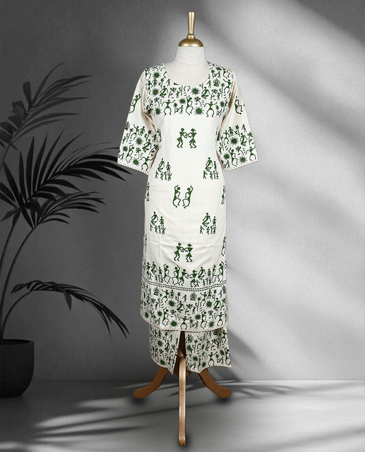 Off white colour cord set with green Warli inspired prints, featuring a round neckline straight kurta with 3/4th sleeves and front slit, paired with matching printed straight pants.