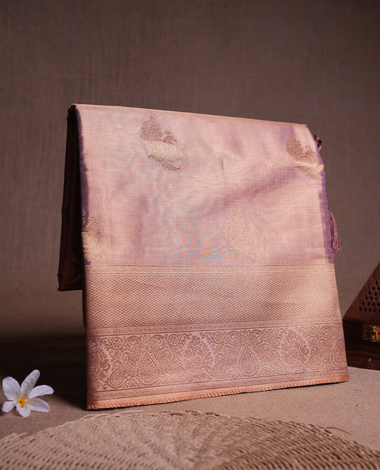 Lavender & Gold double shade colour tissue banaras silk saree featuring antique gold zari motifs on the body with rich traditional zari border and pallu, paired with a matching blouse piece.