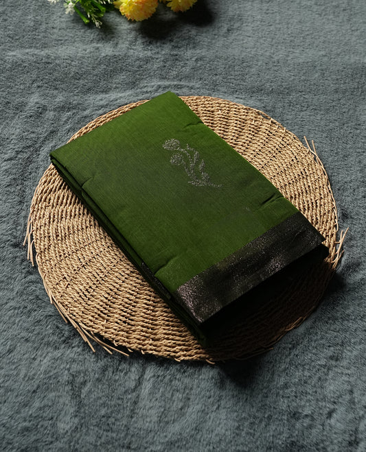 Dark Green Colour Silk Cotton Saree with Dark Silver Floral Butta Body, Contrasting Dark Silver Zari Pallu & Border, Floral Vine Motifs, and Matching Plain Woven Blouse Piece
