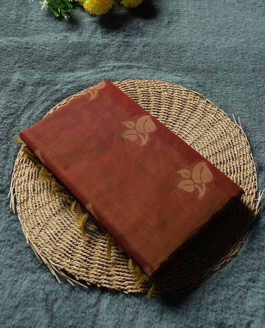 Orange Colour Silk Cotton Saree with Cream Leaf Butta Body, Contrasting Cream Zari Pallu & Border, Floral Motifs, and Matching Woven Blouse Piece