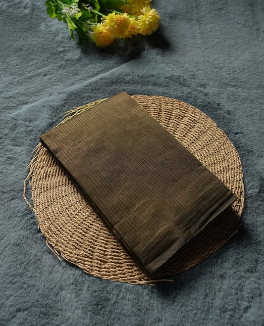 Olive Bronze colour Silk Cotton Saree featuring fine metallic pinstripes on the body, a Deep Wine striped pallu with copper highlights, and a coordinated Wine blouse piece.