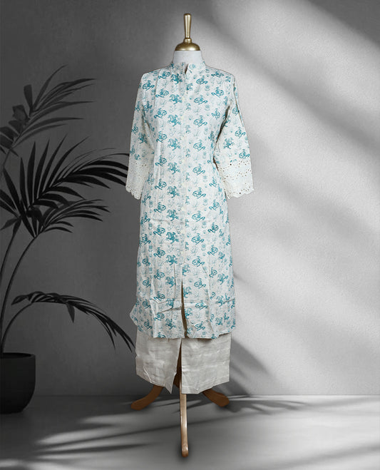 Off white colour cord set with sky blue floral prints, featuring a mandarin collar straight kurta with front slit and 3/4th sleeves detailed with lace, paired with matching straight pants.