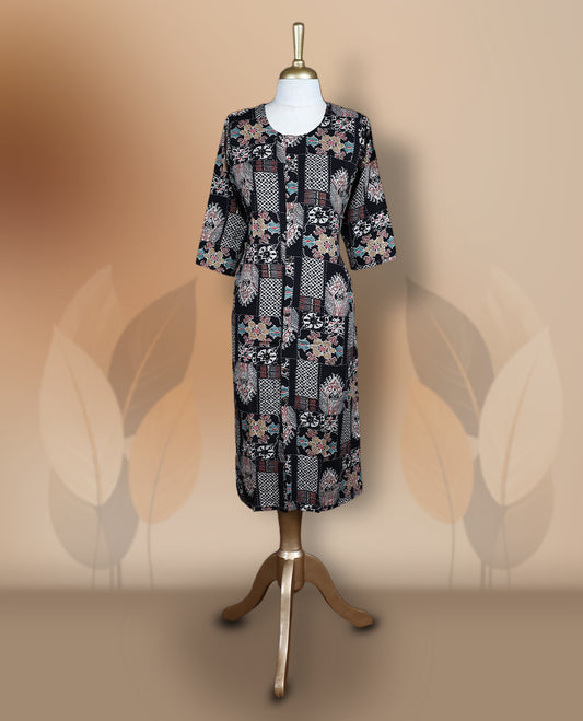 Black colour kurthi adorned with delicate floral prints, featuring a round neckline and three quarter sleeves & Crafted for comfort and style, perfect for casual and semi formal occasions.