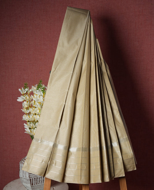 Vanilla Cream Colour Semi Silk Saree with Silver Circular Butta Motifs, Self Coloured Silver Zari Pallu & Border, Subtle Checked Body, and Matching Blouse Piece