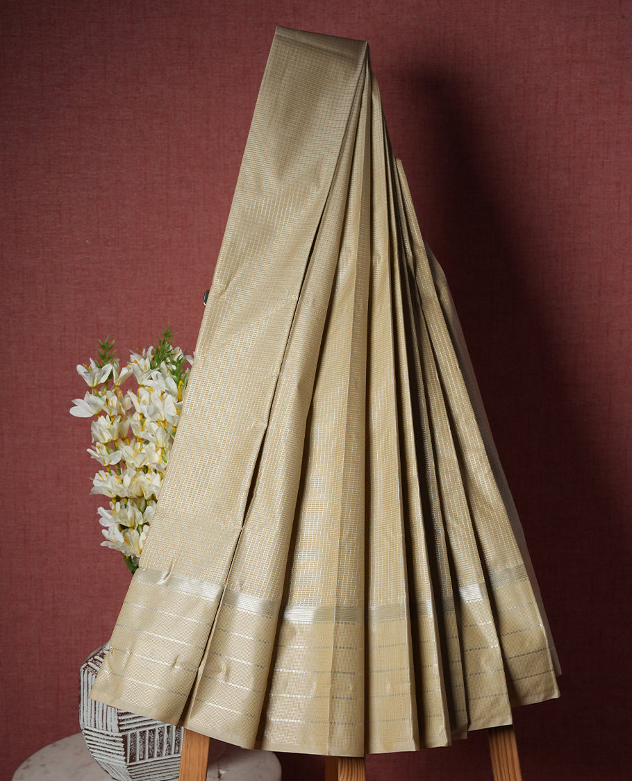 Vanilla Cream Colour Semi Silk Saree with Silver Circular Butta Motifs, Self Coloured Silver Zari Pallu & Border, Subtle Checked Body, and Matching Blouse Piece