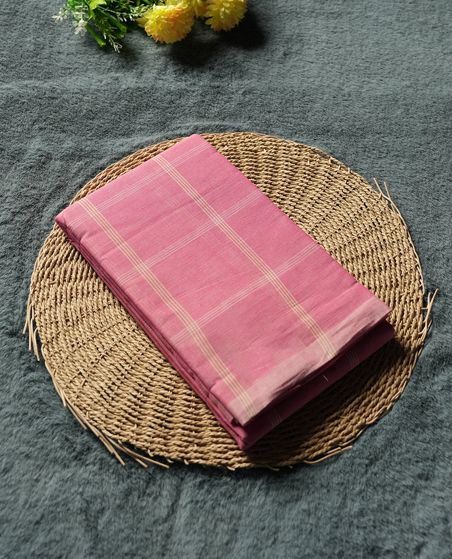 Light Pink Colour Silk Cotton Saree with cream Checkered Body, Contrasting cream Striped Pallu & Border, Multi-Line Patterns, and Matching Striped Blouse Piece
