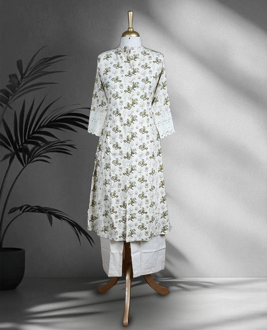 Off white colour cord set with olive green floral prints, featuring a mandarin collar straight kurta with front slit and 3/4th sleeves detailed with lace, paired with matching straight pants.