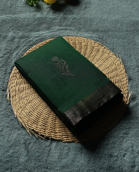 Dark Green Colour Silk Cotton Saree with Dark Silver Floral Butta Body, Contrasting Dark Silver Zari Pallu & Border, Floral Vine Motifs, and Matching Plain Woven Blouse Piece