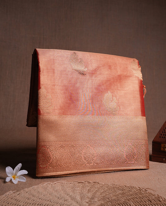 Orange & Gold double shade colour tissue banaras silk saree featuring antique gold zari motifs on the body with rich traditional zari border and pallu, paired with a matching blouse piece.