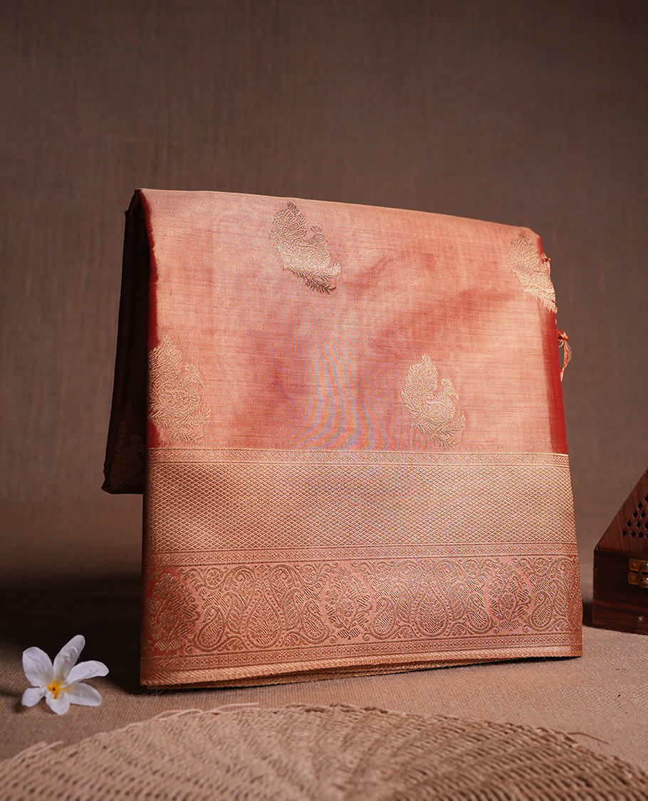 Orange & Gold double shade colour tissue banaras silk saree featuring antique gold zari motifs on the body with rich traditional zari border and pallu, paired with a matching blouse piece.