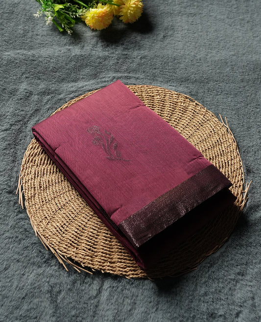 Burgundy Colour Silk Cotton Saree with Dark Silver Floral Butta Body, Contrasting DarkSilver Zari Pallu & Border, Floral Vine Motifs, and Matching Plain Woven Blouse Piece