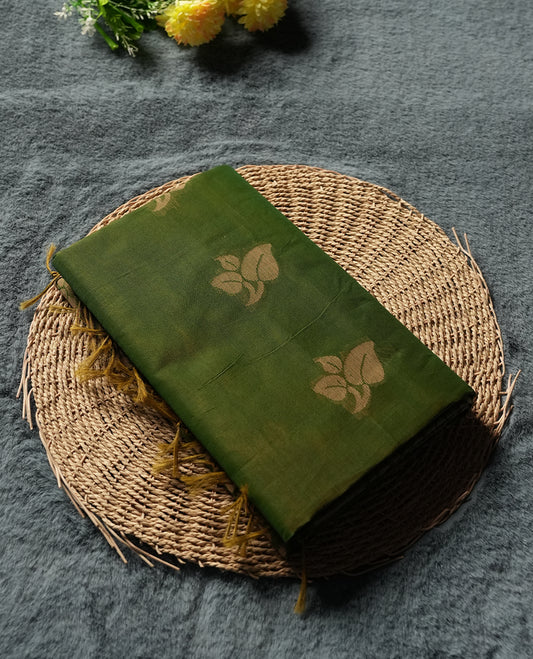 Mehendi Green Colour Silk Cotton Saree with Golden Leaf Butta Body, Contrasting Golden Zari Pallu & Border, Peacock and Floral Motifs, and Matching Woven Blouse Piece