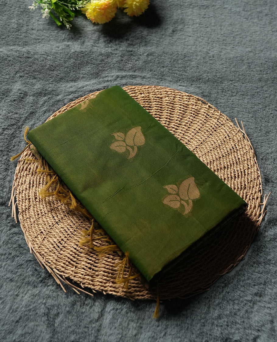 Mehendi Green Colour Silk Cotton Saree with Golden Leaf Butta Body, Contrasting Golden Zari Pallu & Border, Peacock and Floral Motifs, and Matching Woven Blouse Piece