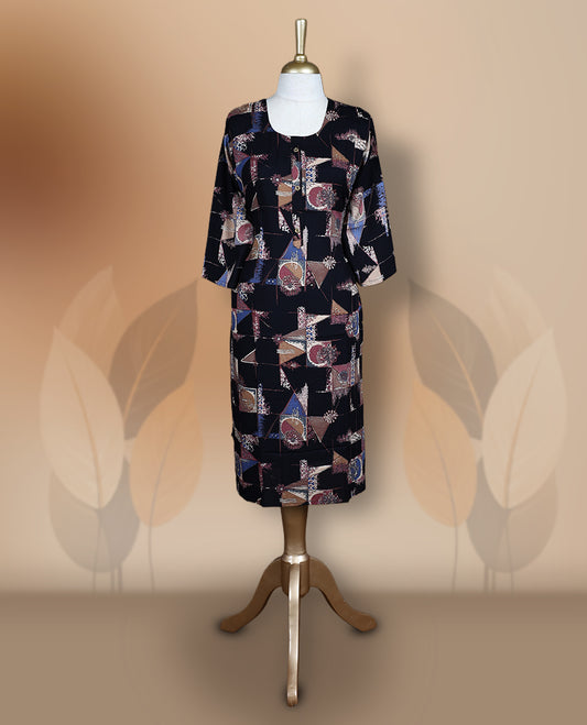 Black colour kurti featuring a round neckline, 3/4th flared sleeves, and an all over geometric floral print in blue, maroon and beige hues, designed with a straight cut silhouette for a chic casual look.