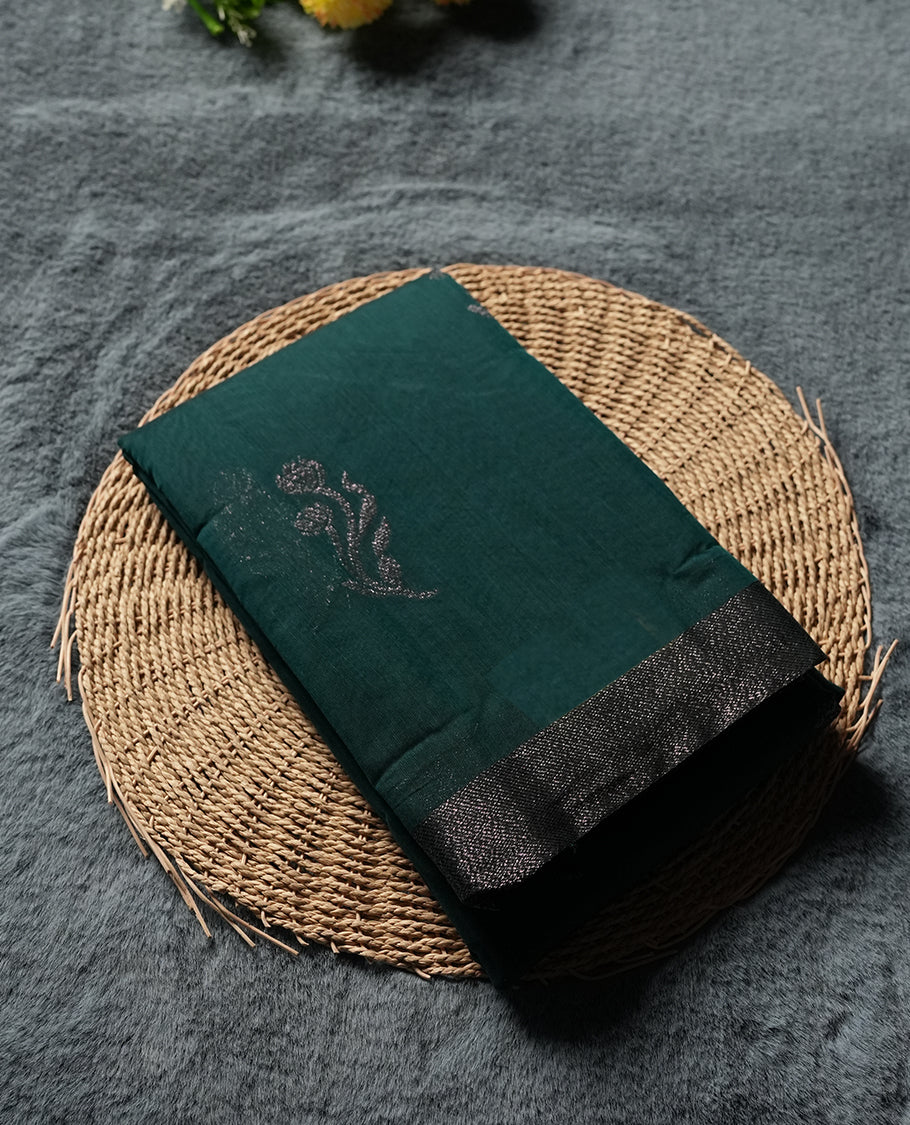 Deep Teal Colour Silk Cotton Saree with Dark Silver Floral Butta Body, Contrasting Dark Silver Zari Pallu & Border, Floral Vine Motifs, and Matching Plain Woven Blouse Piece