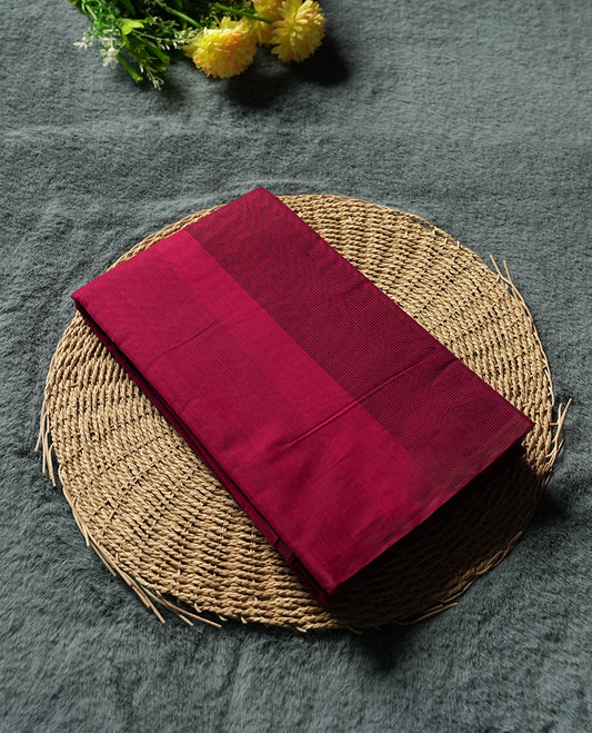 Maroon Colour Silk Cotton Saree with Self Textured Striped Body, Contrasting Maroon Textured Pallu & Border, Striped Patterns, and Matching Maroon Woven Blouse Piece