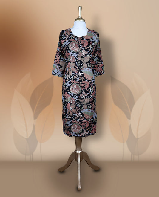 Black colour kurti featuring a round neckline, 3/4th flared sleeves, and an all over floral print in green and beige hues, designed with a straight cut silhouette for a chic casual look.