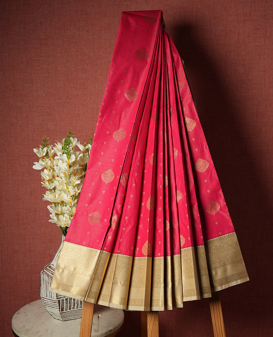 Coral Pink Colour Semi Silk Saree with Golden Diamond Butta Motifs, Self Coloured Golden Zari Pallu & Border, Chevron Patterns, and Matching Blouse Piece