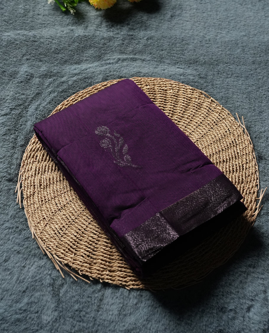 Dark Purple Colour Silk Cotton Saree with Dark Silver Floral Butta Body, Contrasting Dark Silver Zari Pallu & Border, Floral Vine Motifs, and Matching Plain Woven Blouse Piece