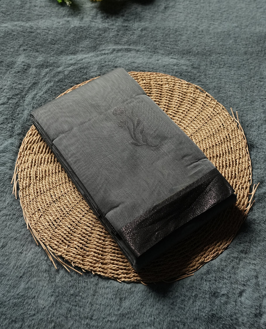 Dove Gray Colour Silk Cotton Saree with Dark Silver Leaf Butta Body, Contrasting Black Silver Zari Pallu & Border, Geometric Patterns, and Matching Plain Woven Blouse Piece