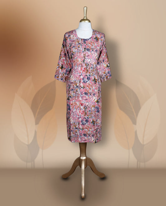 Pink colour kurthi adorned with delicate cream & navy blue colour floral prints, featuring a round neckline and three quarter sleeves & Crafted for comfort and style, perfect for casual and semi formal occasions.