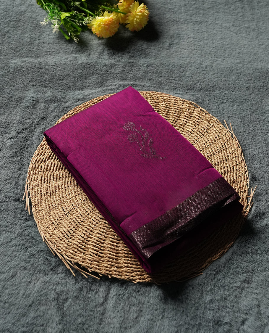 Grape Purple Colour Silk Cotton Saree with Dark Silver Floral Butta Body, Contrasting Dark Silver Zari Pallu & Border, Floral Vine Motifs, and Matching Plain Woven Blouse Piece