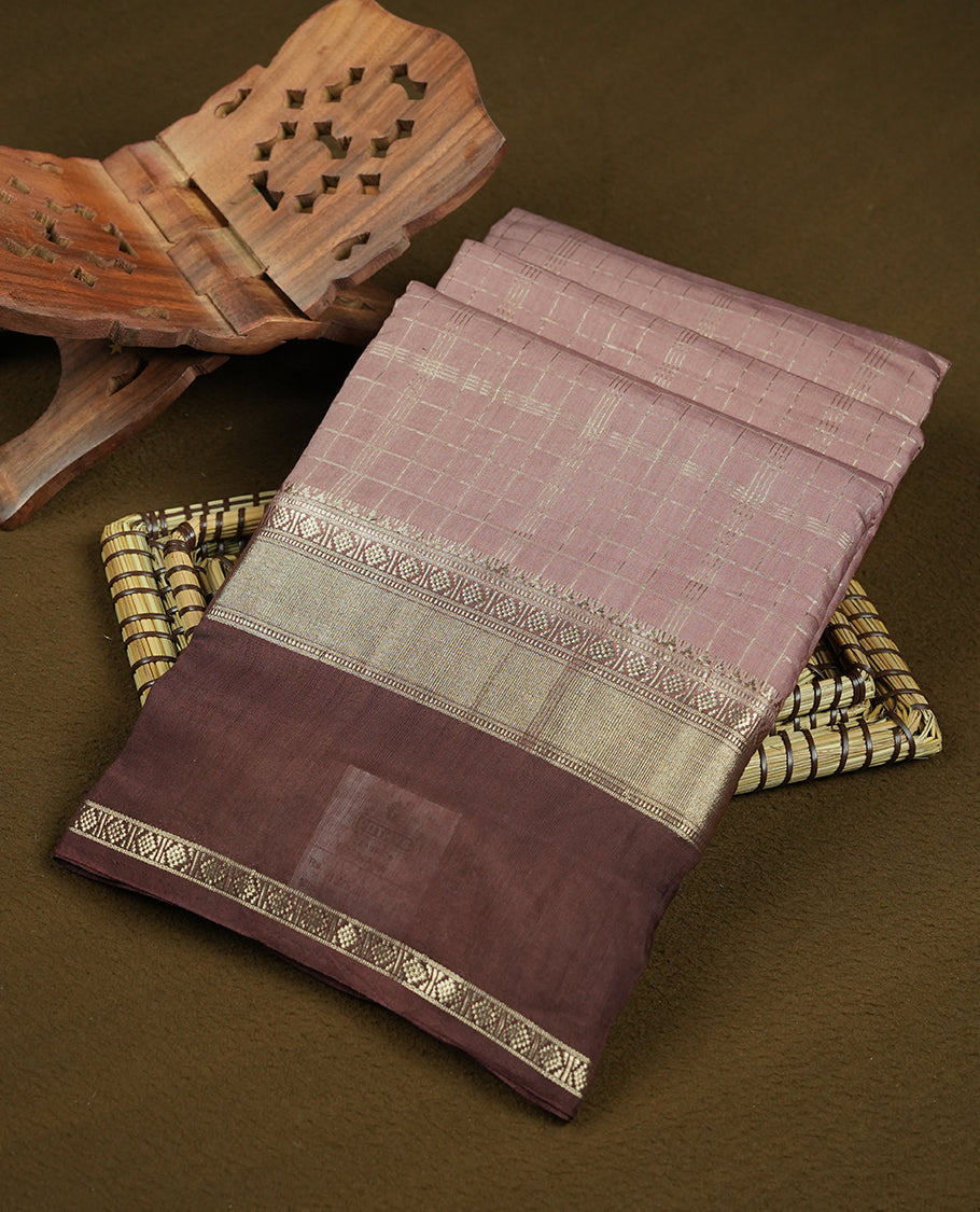 Light brown colour mixed chanderi cotton saree with checkered plaid body, brown pallu featuring gold zari border, and matching blouse.