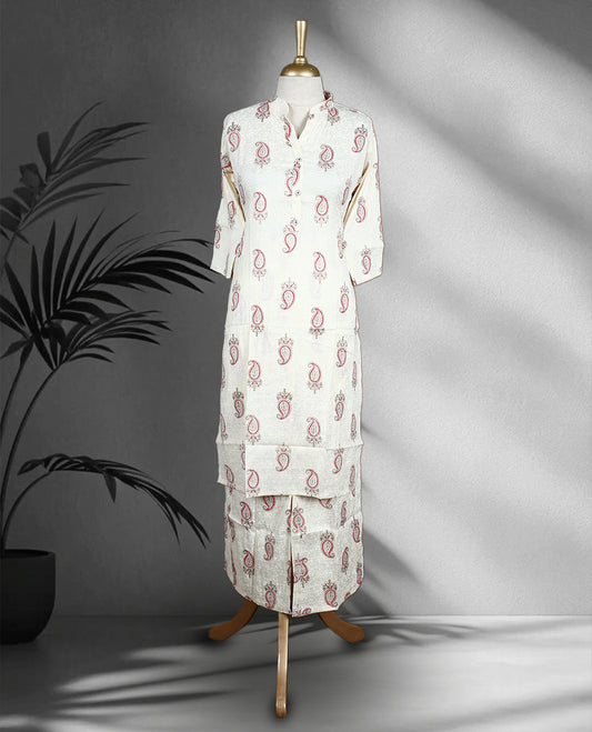 Off white colour Cord set with red and beige colour mango print on body, featuring a V neck top with a straight and side slits, paired with matching straight fit pants.