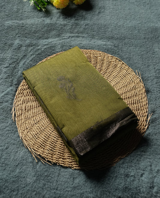 Light Bronze Green Colour Silk Cotton Saree with Dark Silver Floral Butta Body, Contrasting Dark Silver Zari Pallu & Border, Floral Vine Motifs, and Matching Plain Woven Blouse Piece