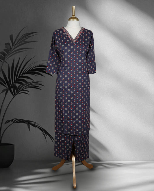 Navy blue colour cord set with all over traditional motifs, featuring a V neck top with embroidered detailing and matching straight fit pants.