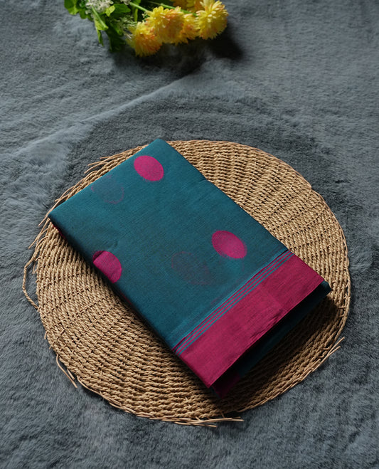 Teal Colour Silk Cotton Saree with Pink Dot Motifs Body, Accented by Pink Zari Border with Geometric Diamond Pattern Pallu, Paired with Matching Blouse Piece